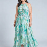 Portia | Pleated Halter Soft Floral Pattern Midi Dress