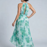 Portia | Pleated Halter Soft Floral Pattern Midi Dress