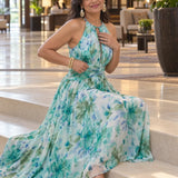 Portia | Pleated Halter Soft Floral Pattern Midi Dress