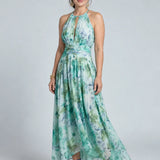 Portia | Pleated Halter Soft Floral Pattern Midi Dress