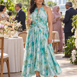 Portia | Pleated Halter Soft Floral Pattern Midi Dress