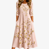 Sheryl - Golden Magnolia Bloom Pocket Midi Dress
