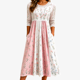 Qistina - Blush Meadow Patchwork Pocket Midi Dress