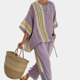 Elowric | Elegant Lavender Top & Mustard Striped Pants