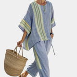 Elowric | Elegant Lavender Top & Mustard Striped Pants